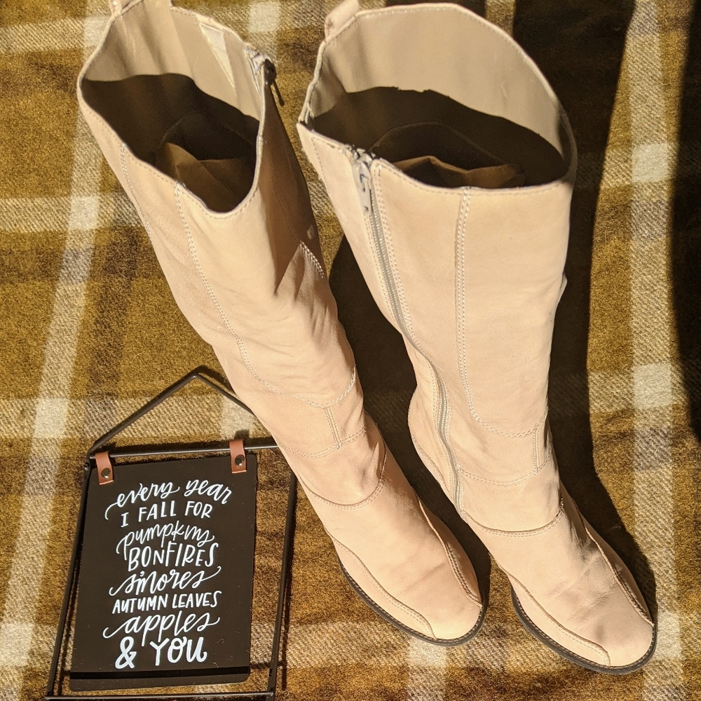 Natural Tan Cream Taupe Brushed Leather Suede High Heel Tall Fashion Boots 7.5 - Picture 11 of 15
